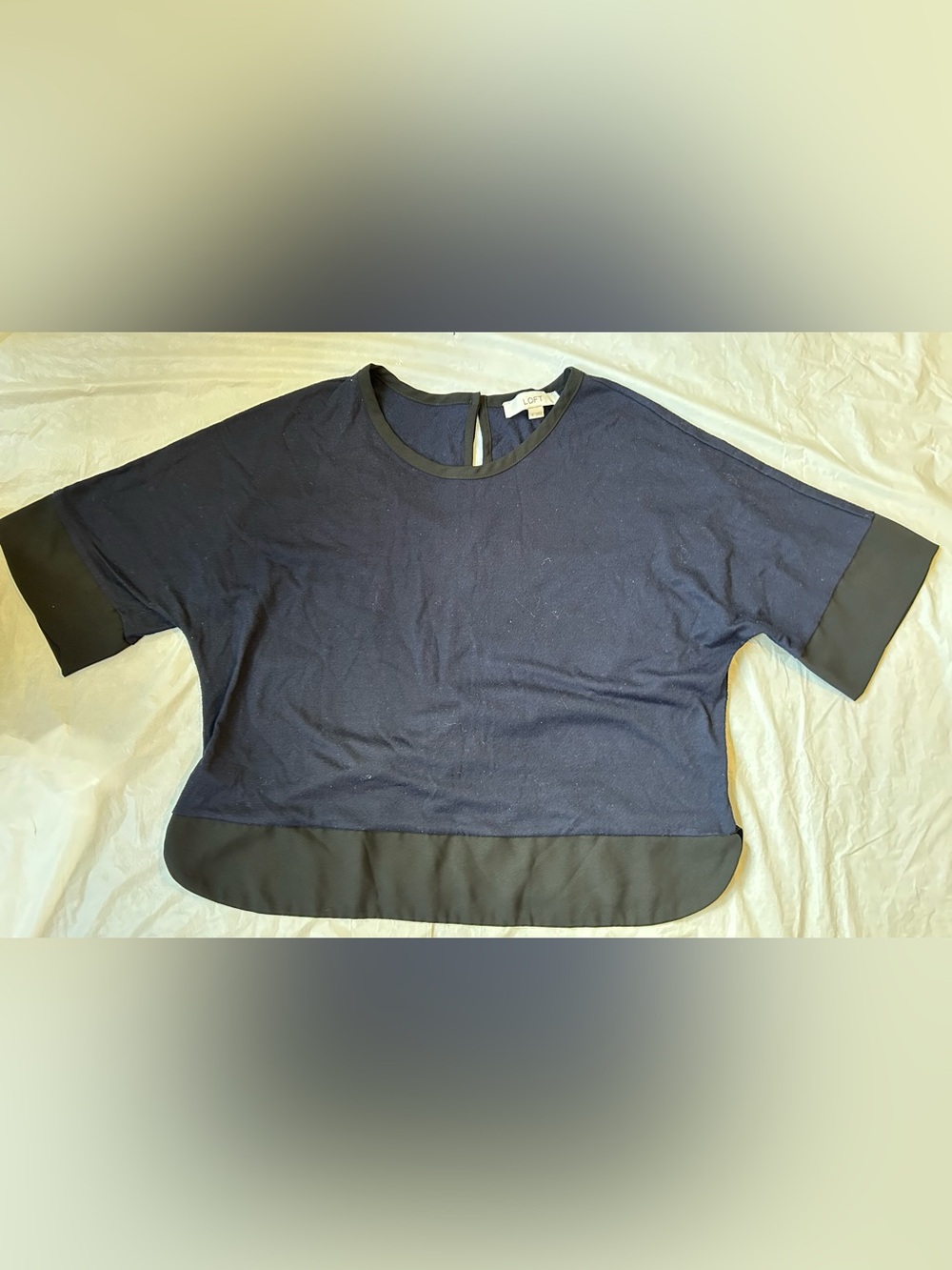 LOFT Navy Short Sleeve blouse with Black Trim
